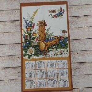 Vintage 1988 Floral Calendar Tapestry‎ Water Fountain Flowers Cotton Tea Towel